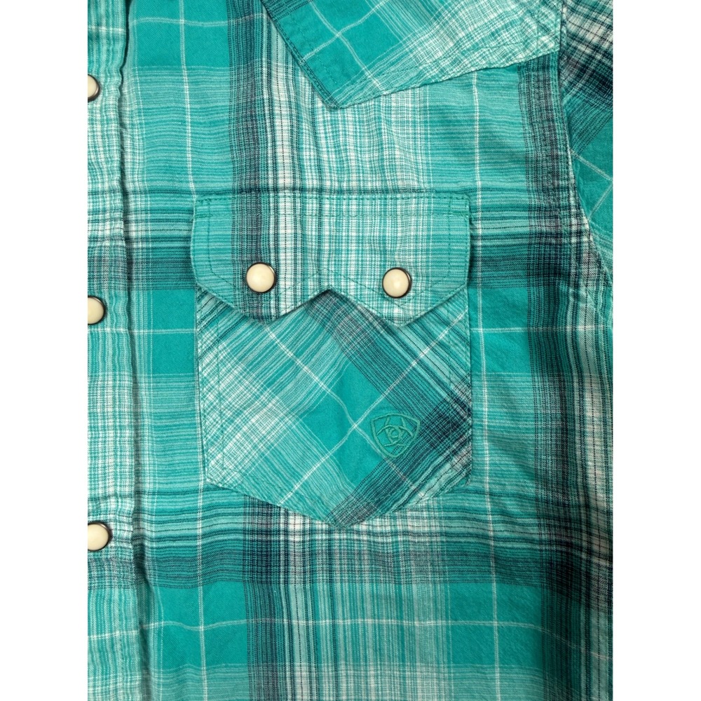 Ariat Mens Retro Fit Western Pearl Snap Shirt Teal Plaid Short Sleeve Small - Picture 4 of 6